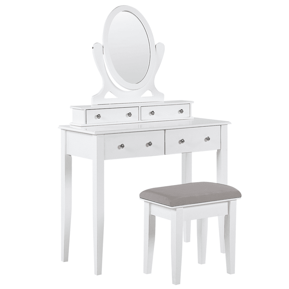Beliani Toaletný stolík 4 zásuvky oválne zrkadlo a biela stolička LUNE